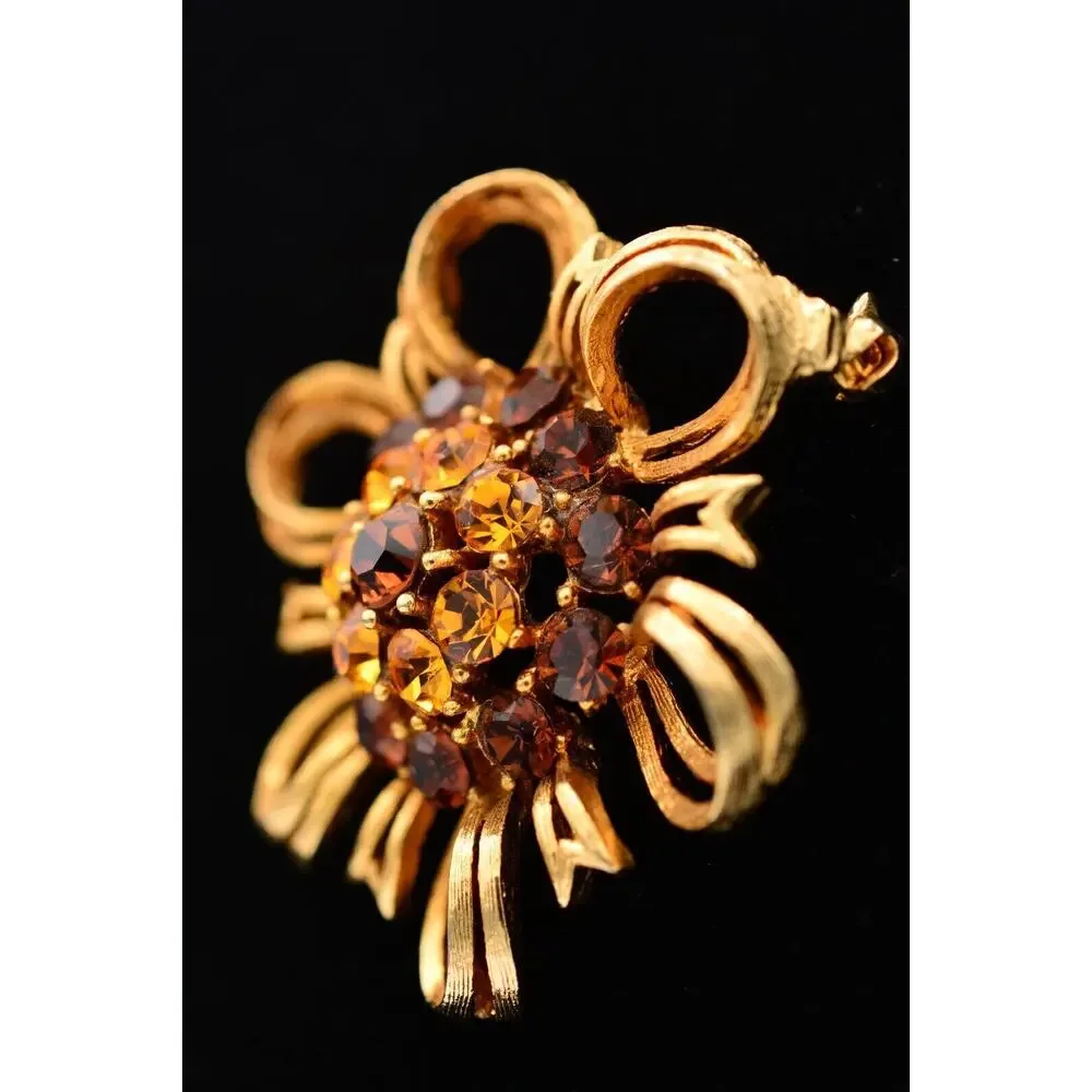 Lisner Vintage Flower Pin Brooch Amber Rhinestone Crystal Gold Signed 50s Bin5B